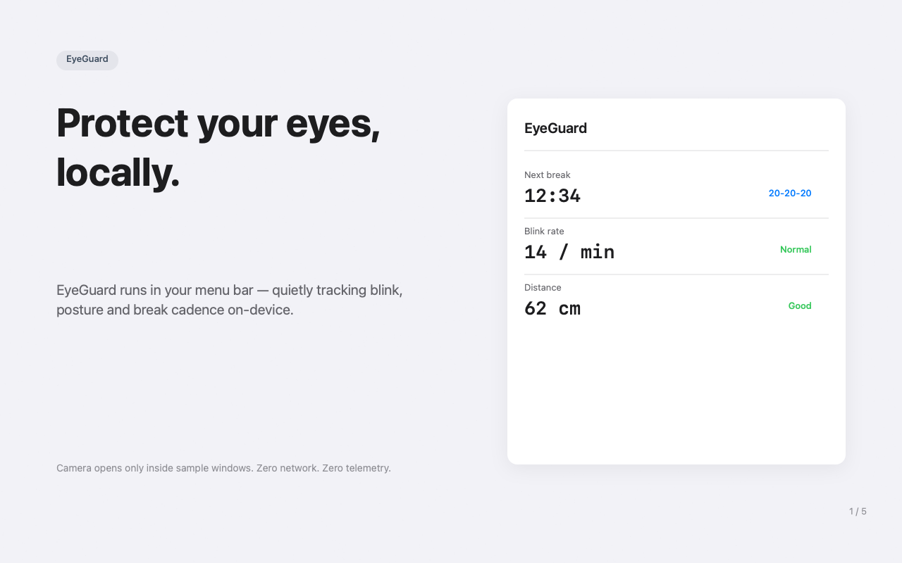 EyeGuard menu bar popover showing next break countdown, blink rate, and distance